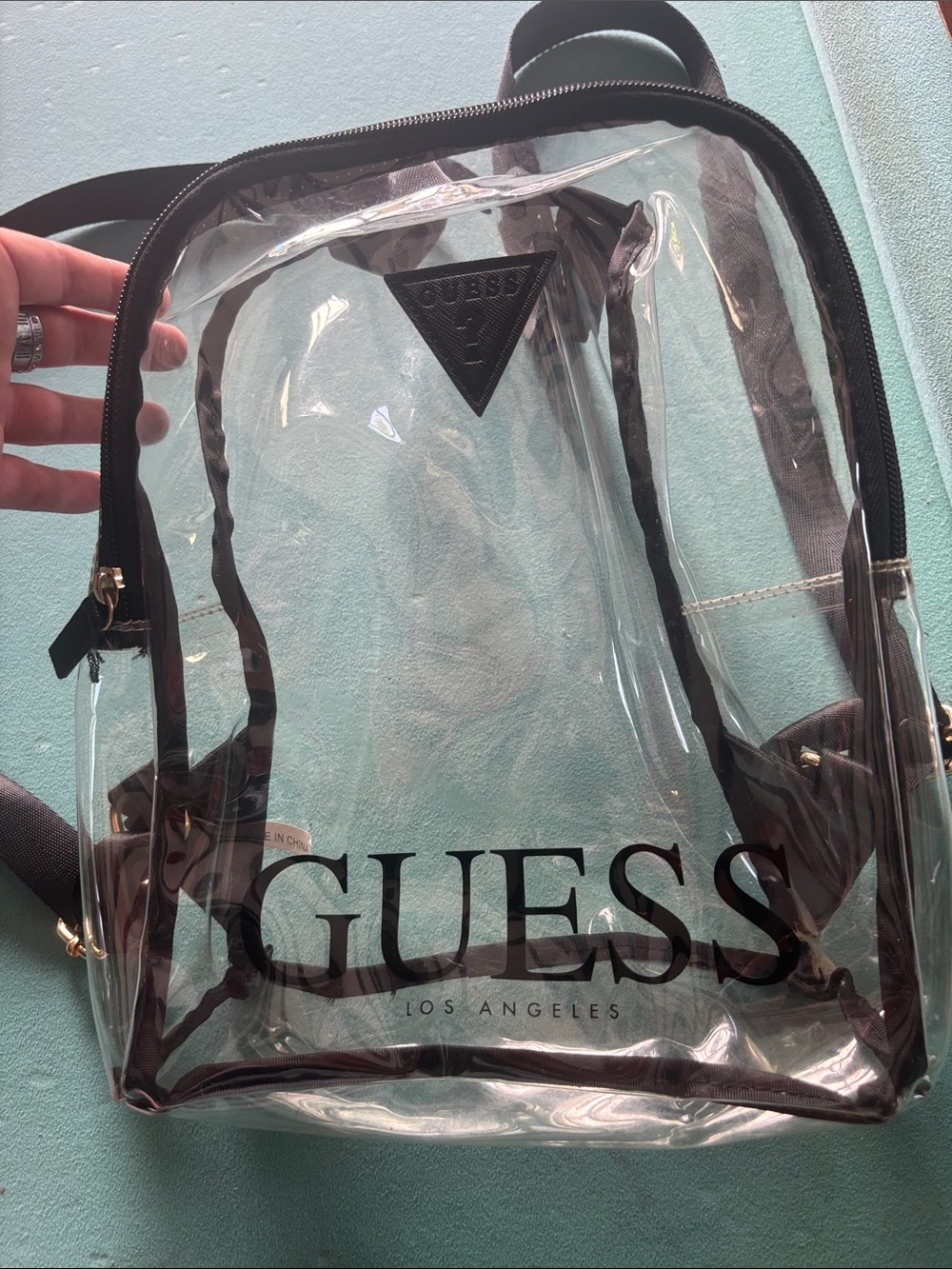 GUESS stadium Clear Black Trim logo Backpack - Transparent Stadium Bag